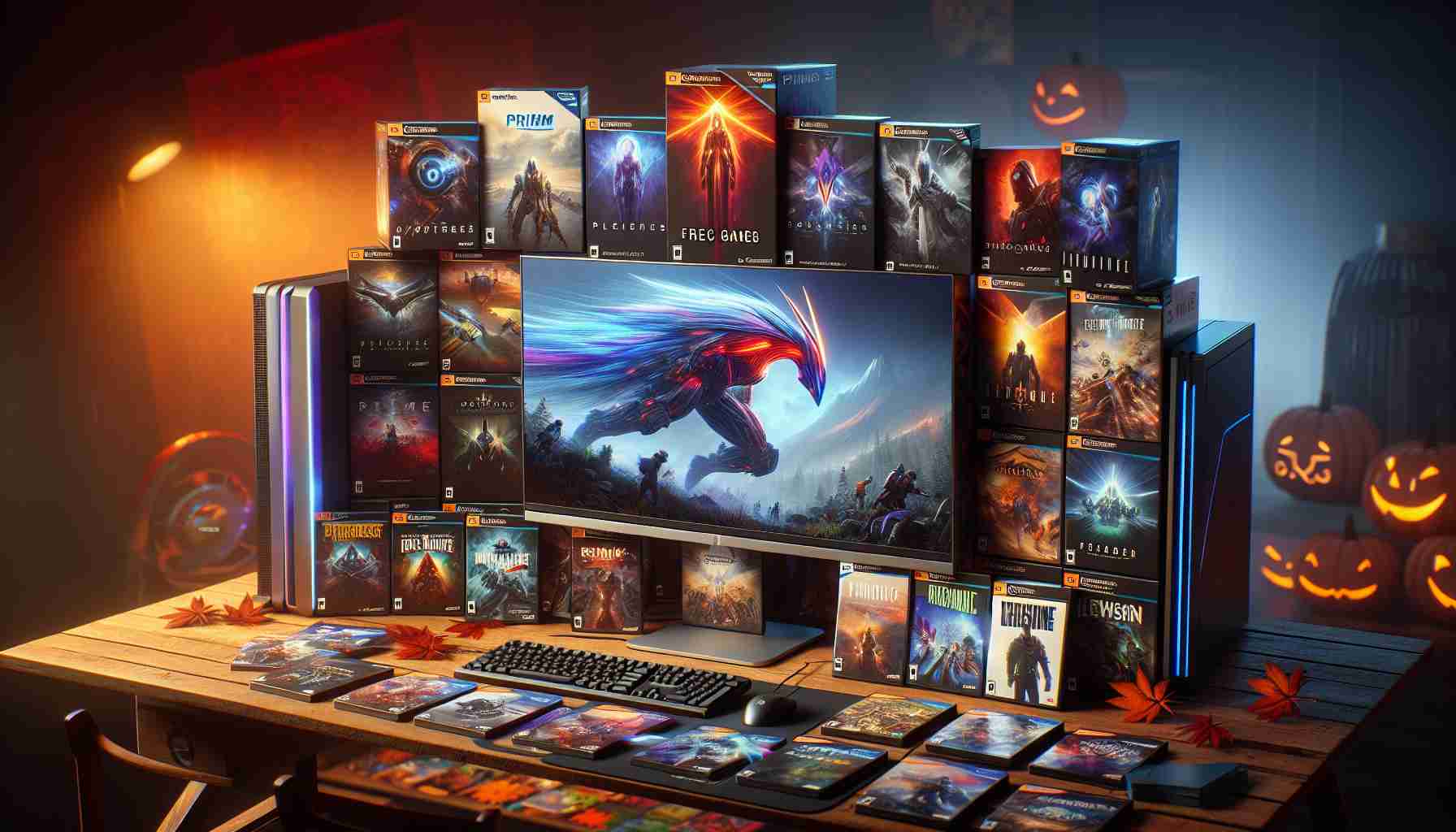 A high-definition, realistic image showcasing an array of exciting, free PC games available for Prime members during the month of October. In the foreground, a desktop computer displaying vivid in-game imagery. Surrounding the computer, an arrangement of game cases, each one featuring distinct artwork hinting at the genre and gameplay of each title. The overall atmosphere is one of thrill and anticipation. The backdrop is a gradient of autumnal colors, symbolizing the month of October.