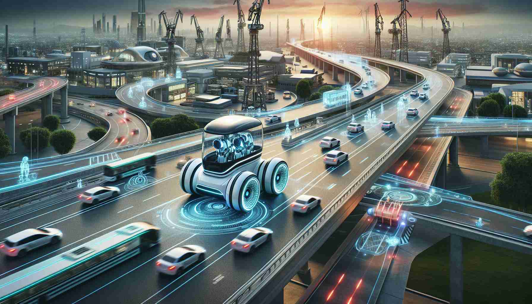 Create a detailed and realistic high-definition image displaying a transformative moment in transportation brought about by next-generation robotic vehicles. These vehicles can be designed with futuristic elements, showcasing advanced robotics technology like autonomous driving systems, AI drivers and eco-friendly energy consumption. They can be moving on smart highways with integrated traffic and navigation systems. The background can show a bustling cityscape or industrial setting representing a technologically advanced society with an emphasis on green technologies.