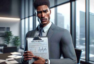 A realistic high-definition (HD) photo of a fictional executive from a crypto-currency trading company holding a health report, signifying a delay in a hypothetical trial proceeding. The executive can be an African-American male, wearing a grey suit, white shirt, and a dark blue tie. He looks concerned, with a furrowed brow and pursed lips. The background has a corporate office aesthetic with large windows, showcasing a cityscape.