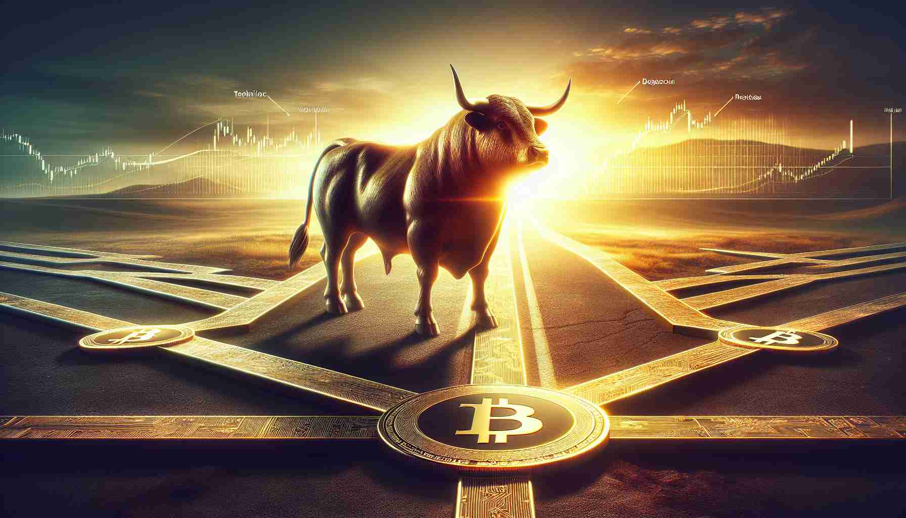 A realistic, high-definition image representing the concept of an impending bull run in relation to Dogecoin, represented in the context of a technical crossroads. In the center of the image, there should be a large, powerful bull bathed in the warm golden light of sunrise, symbolizing the potential rise of Dogecoin. The bull is standing at a crossroad, indicative of the uncertain position Dogecoin currently holds. The different paths leading from the crossroads show the potential directions for Dogecoin based on various market trends and events.