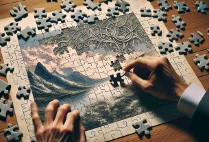 Create a detailed and realistic high-definition image of a current puzzle challenge being unraveled. The scene should depict a variety of puzzle pieces, some connected, others scattered around. The puzzle image itself could be a complex and intriguing design such as a labyrinth or a mysterious scenery. Additionally, one's hands can be seen in the process of fitting pieces together, showing the progress of the challenge.