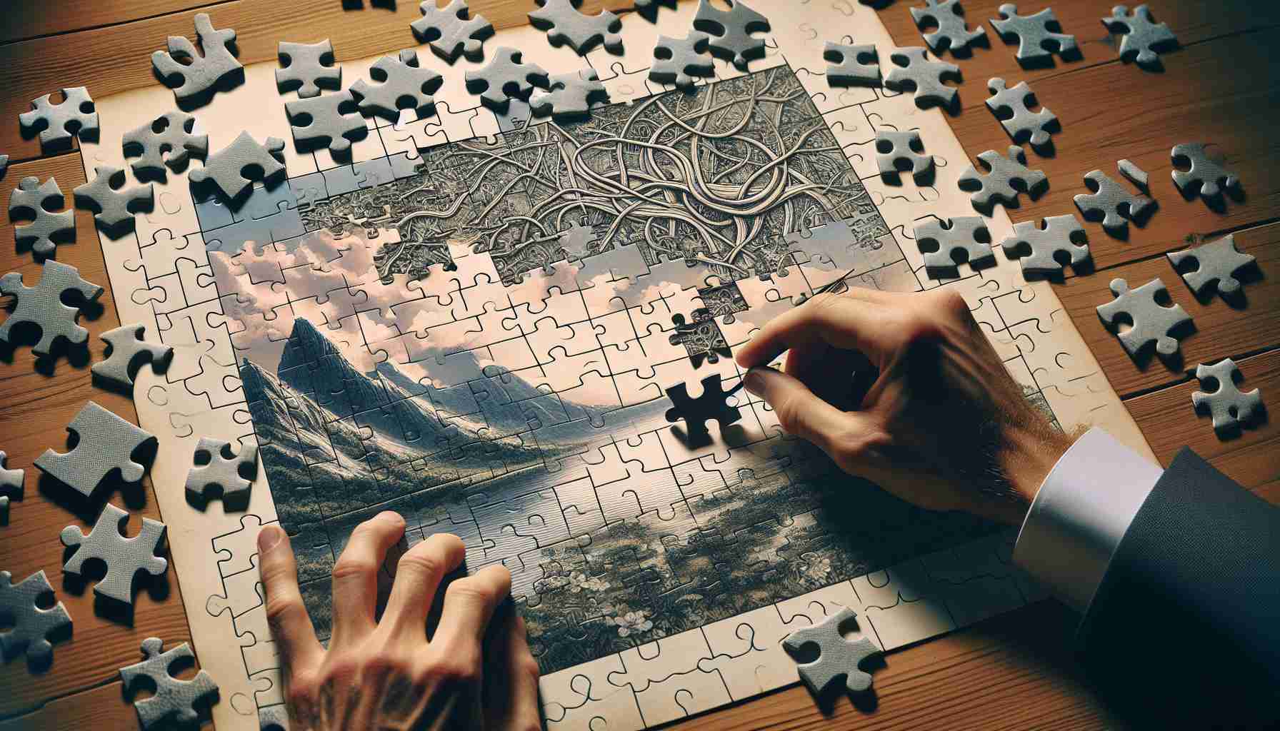 Create a detailed and realistic high-definition image of a current puzzle challenge being unraveled. The scene should depict a variety of puzzle pieces, some connected, others scattered around. The puzzle image itself could be a complex and intriguing design such as a labyrinth or a mysterious scenery. Additionally, one's hands can be seen in the process of fitting pieces together, showing the progress of the challenge.