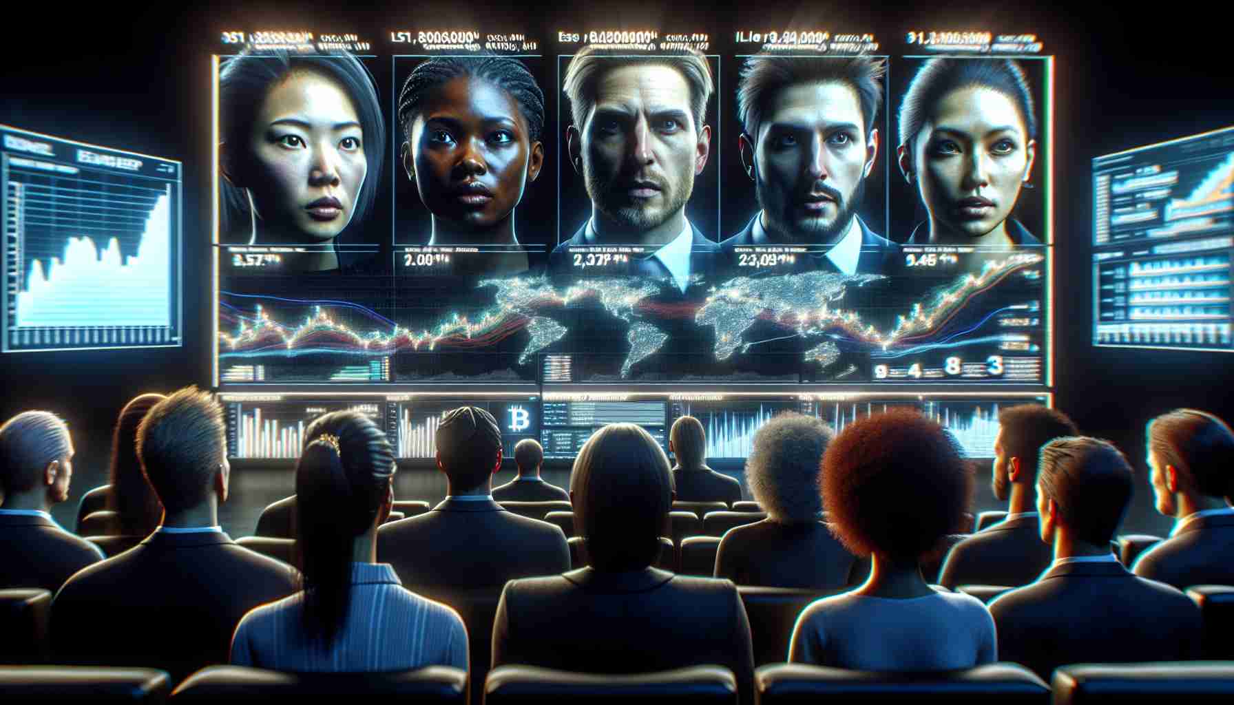 A realistic, high definition image of a diverse group of investors facing a large screen. The investors include an East Asian male, an African female, a Middle-Eastern male, and a Caucasian female. They display expressions of intense focus and suspense as they watch the data on the screen that shows the soaring illiquid supply of Bitcoin. The figures, graphs, and infographics on the screen are intricate and glowing, emphasizing the rising numbers associated with Bitcoins. The room is dimly lit and filled with a palpable tension, evocatively capturing the world of cryptocurrency investment.