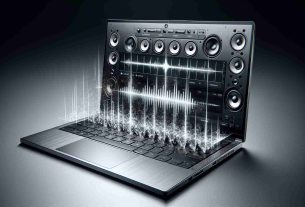 A highly detailed, realistic photo of a cutting-edge laptop, showcasing its latest sound technology. The laptop is slim, made of silver material, and the image should highlight the speakers located on both sides of the keyboard. The technology provides a revolutionary sound experience, give a look of sound waves around it to emphasize the immersiveness of the sound. The screen of the laptop displays a sound frequency graph with peaks and valleys, indicating the performance of the system.