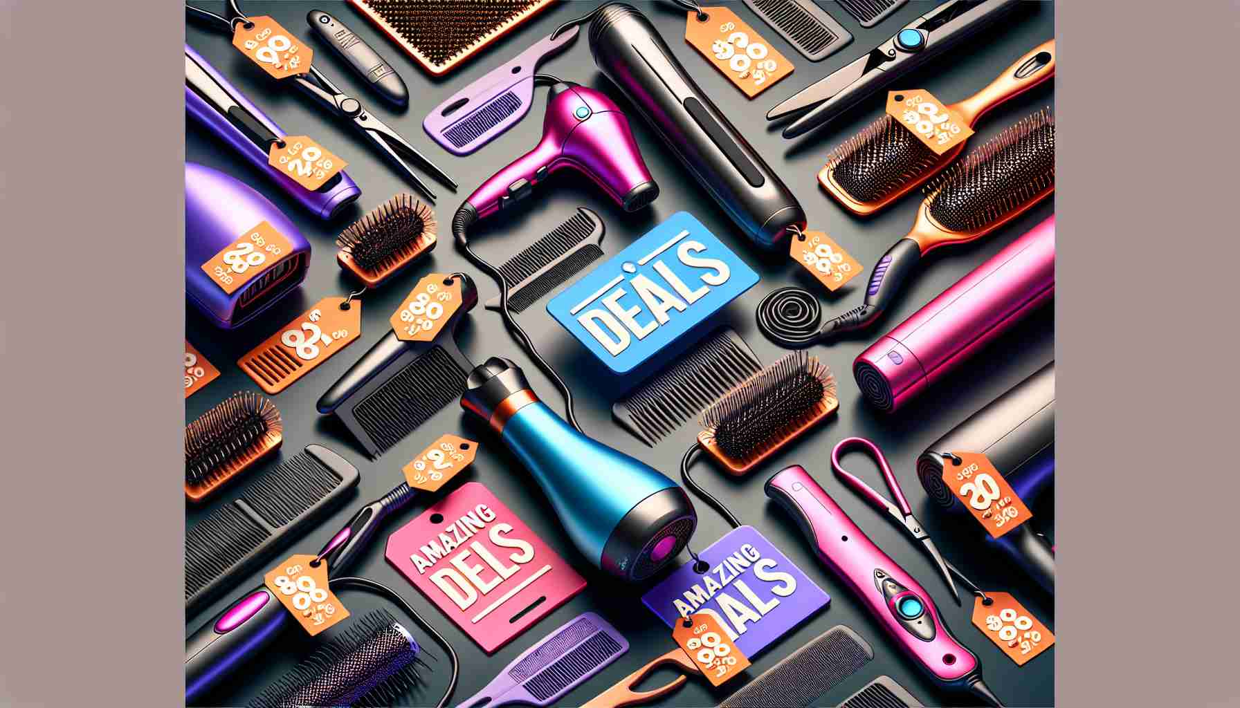 Generate a detailed, realistic high-definition image showcasing a variety of hair styling tools including straighteners, curling irons, blow dryers, and combs. The theme is 'Amazing Deals', so visualize these tools attractively arranged with eye-catching price tags, evoking the feeling of a grand sale or discount event on hair styling essentials. Keep a robust color palette to make the tools appealing and interesting.