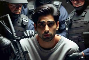 Realistic high-definition image of a South Asian man being detained by law enforcement officers, in connection with a cyber attack on a generic government agency. The image should capture the intense atmosphere surrounding the scene, displaying a worried expression on the man's face and equipped officers surrounding him.