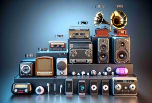 High-definition, realistic portrayal of the evolution of audio technology in modern devices. The image should start with older technology such as phonographs and cassette players, progress through Walkmans and CD players, morph into early iPods, and finally end with today's smart speakers and wireless earbuds.