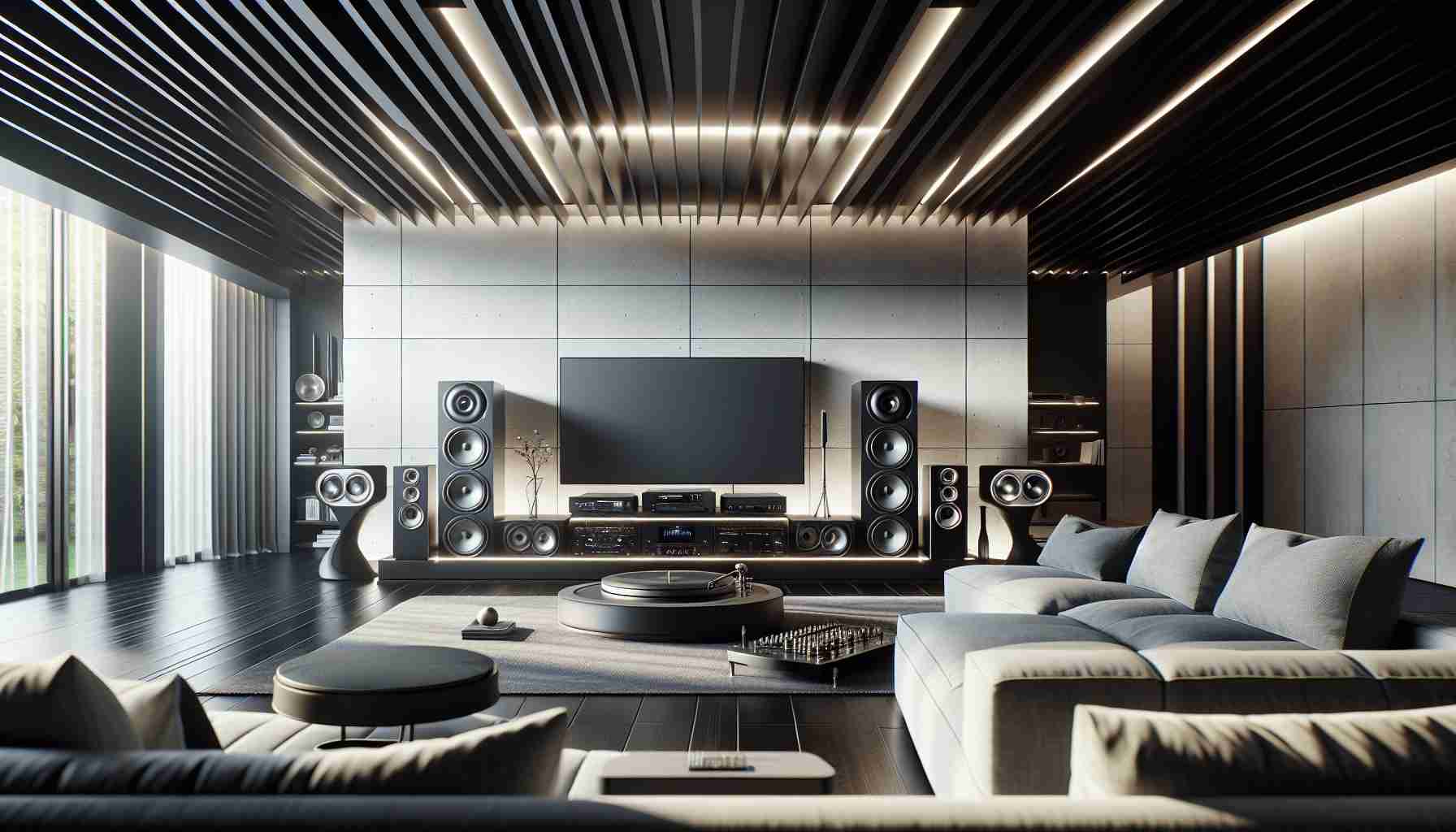 Generate a hyperrealistic, high-definition image showcasing the revolution of home audio entertainment. The scene features a modern, spacious living room with minimalistic design. In the room, there are various cutting-edge audio gadgets such as sleek and modern surround sound speakers strategically positioned, a state-of-the-art turntable with its intricate details, and a high-tech soundbar sitting below a mounted 4K TV. Architectural acoustics in the room are perfected making the space echo-free. A comfortable couch faces the entertainment setup, inviting one to experience the immersive soundscape within the room.