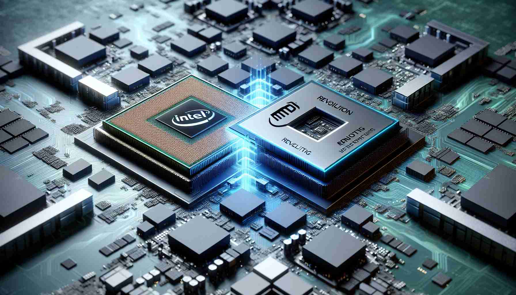 Realistic high-definition image depicting the concept of revolutionizing chip compatibility. Showcase a symbolic integration of Intel and AMD's technology through an innovative collaboration. Visualize two distinct computer chips, each representing Intel and AMD, coming together harmoniously in a technologically advanced environment. Note that no actual logos or copyrighted materials should be included, rather represent the companies through subtle cues such as color schemes and architectural designs that are associated with each brand.