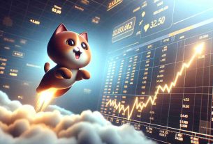 A high definition, realistic image of an animated cat token, symbolizing the idea of a market surge. The cat token is designed in a simple yet charming style. The scene reflects a skyrocketing motion, with the cat token soaring up into a sky filled with clouds. Below, there's the viewing of a stock market graph displaying a drastic rise, symbolizing the surge in the token's value. The overall atmosphere represents excitement and success in the financial market.