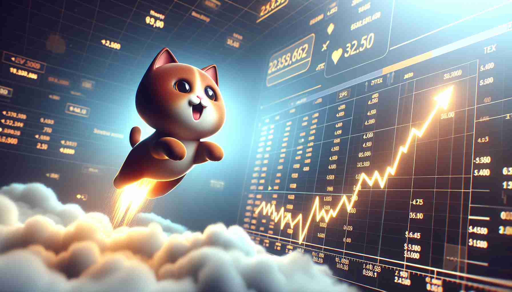 A high definition, realistic image of an animated cat token, symbolizing the idea of a market surge. The cat token is designed in a simple yet charming style. The scene reflects a skyrocketing motion, with the cat token soaring up into a sky filled with clouds. Below, there's the viewing of a stock market graph displaying a drastic rise, symbolizing the surge in the token's value. The overall atmosphere represents excitement and success in the financial market.