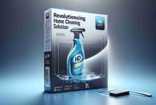 Generate a HD quality, realistic image of a groundbreaking home cleaning solution. The product should look innovative, sleek, and appealing, signaling its cutting-edge cleaning capability. The package may display the words 'Revolutionary Home Cleaning Solution', suggesting its impressive performance and ease of use. Additionally, depict a sparkling clean surface next to it as evidence of its superior cleaning power.