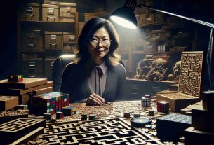 A detailed, high-definition image showing the 'big reveal' scene of a brilliant puzzle master. The individual, an Asian woman with glasses, is seated at a cluttered desk, surrounded by a multitude of puzzles, from Rubik's cubes to intricate wood mazes. The room is lit by a desk lamp, casting long shadows, and giving a mysterious and intense atmosphere to the room. The focus of the image is on the woman's thoughtful expression and confident demeanor, displaying a persona of intelligence and skill.