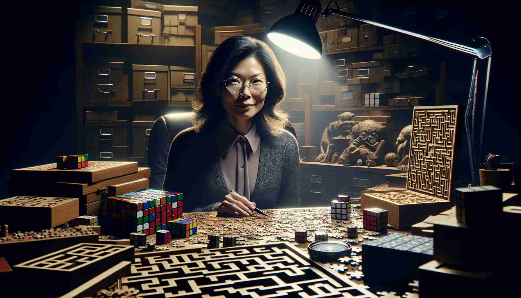 A detailed, high-definition image showing the 'big reveal' scene of a brilliant puzzle master. The individual, an Asian woman with glasses, is seated at a cluttered desk, surrounded by a multitude of puzzles, from Rubik's cubes to intricate wood mazes. The room is lit by a desk lamp, casting long shadows, and giving a mysterious and intense atmosphere to the room. The focus of the image is on the woman's thoughtful expression and confident demeanor, displaying a persona of intelligence and skill.