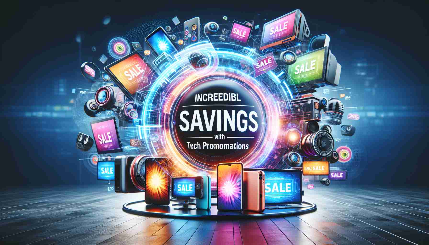 An image showcasing the concept of fantastic discounts and savings during a promotional event for a popular tech brand, depicted as a high definition, realistic photo. The picture captures vibrant marketing materials and a hypothetical sale banner with text that communicates 'Incredible savings with Tech Promotions'. The background features a range of digital devices such as smartphones, tablets, and televisions, all suggesting a modern electronic consumer market.