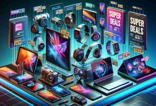 A high-definition, realistic image depicting an array of amazing deals for tech enthusiasts. This includes discounted items such as latest generation smartphones, top-of-the-line laptops, sleek tablets, high-performance headphones, and cutting-edge smartwatches showcased on digital banners. There are discounted price tags along with an eye-catching, colourful design to represent the super deals. The overall feel of the image is futuristic and techy, appealing to tech fanatics.