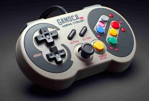 High Definition realistic image of a retro-themed gaming controller designed to evoke a sense of nostalgia. The controller should contain classic input elements such as buttons, a d-pad, and analog sticks. The overall color palette is predominantly old school, with shades of grey and hints of bold primary colors, to showcase its vintage appeal.