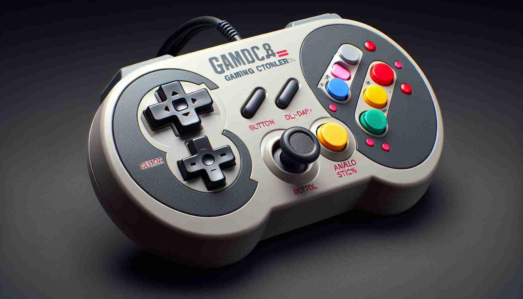 High Definition realistic image of a retro-themed gaming controller designed to evoke a sense of nostalgia. The controller should contain classic input elements such as buttons, a d-pad, and analog sticks. The overall color palette is predominantly old school, with shades of grey and hints of bold primary colors, to showcase its vintage appeal.