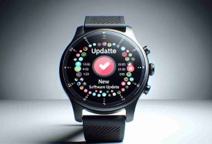 Generate a high-definition, realistic image of a next-generation smartwatch displaying its new software update. The watch should have a sleek, modern design, with a high-resolution display. On the screen of the watch, the software update notification should be clearly visible, showcasing the myriad of new features that are being introduced. The background can be a simple, non-distracting one that allows the spotlight to remain on the smartwatch and its software update.