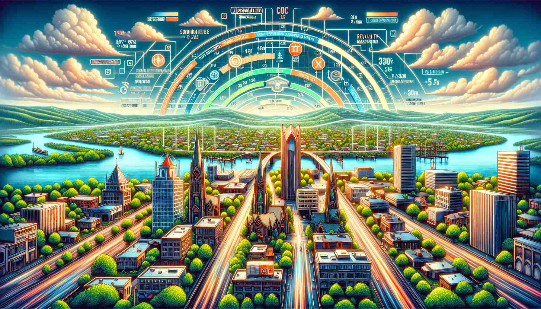 Generate an ultra-high definition image depicting a comparison chart featuring various internet providers in Jacksonville, Oregon. The chart should include various symbols indicating the speed, cost, and reliability of each provider. The background should display a panoramic view of Jacksonville with elements like its distinctive buildings and lush green. Add an imprint of a map of Jacksonville somewhere in the scene, marking the coverage area of each provider. No human figures are needed in the scene. Please provide a realistic representation.