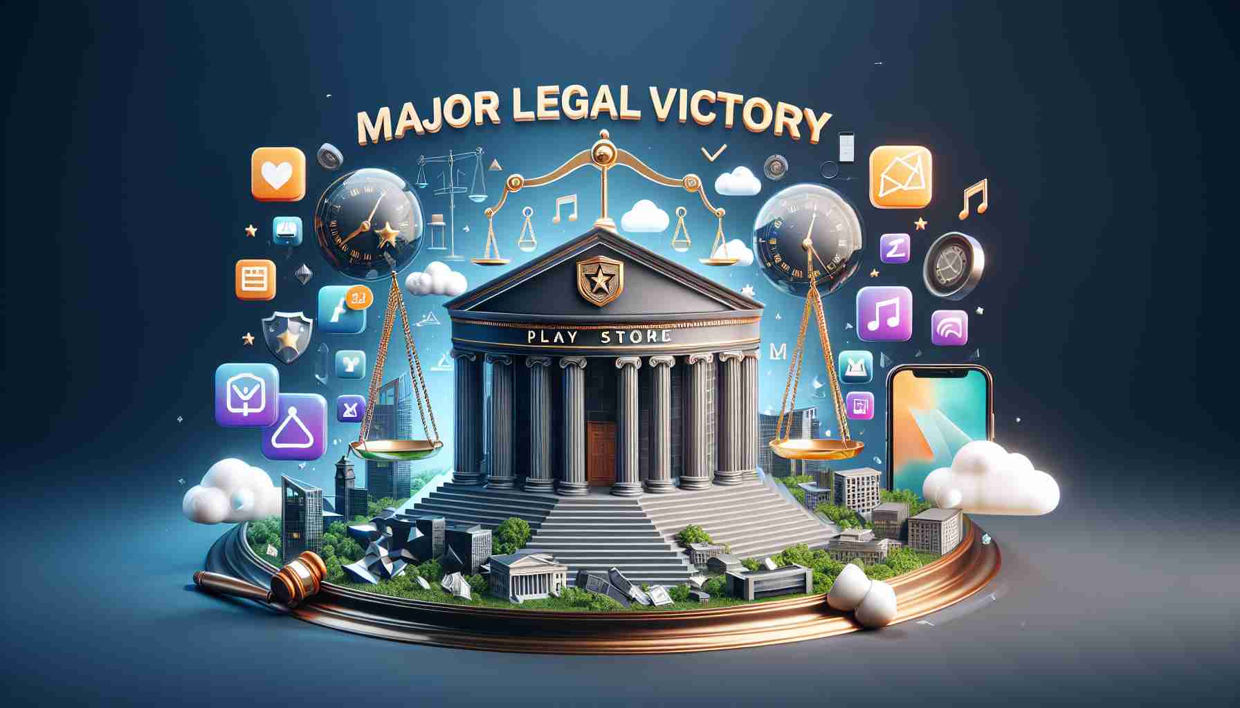 An HD image representing a legal victory with symbolic elements such as a courthouse, balance scales representing justice, and app icons suggesting a mobile application store. Place a large headline stating 'Major Legal Victory' on top and include text at the bottom saying 'Play Store Policies Secured'. Do not represent specific companies or organizations.