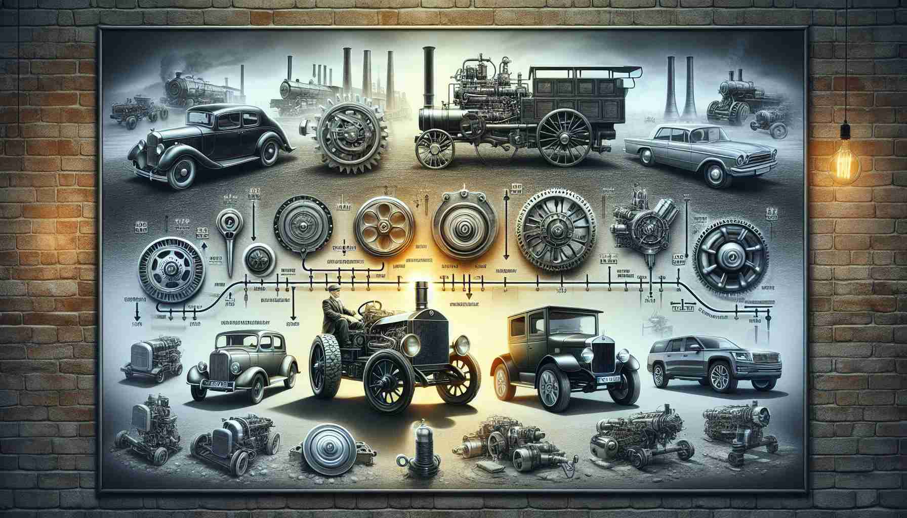 Create a realistic high-definition picture that visually represents the evolution of diesel power. It should feature a timeline showcasing key milestones in diesel technology, from its inception with simple, large machines to the incorporation of modern, sophisticated technology. Some key elements could include an early diesel engine, like the one invented by Rudolf Diesel, a mid-20th-century truck engine, and a modern high-efficiency car engine. Enhancements and improvements should be clearly visible as the timeline progresses, emphasizing how the industry has pushed the boundaries over time.