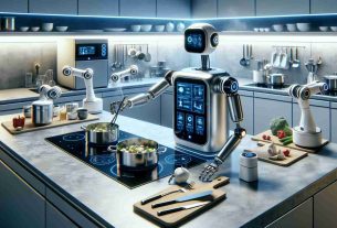 A hyper-realistic high definition image showcasing the concept of revolutionizing cooking with AI-powered kitchen assistants. Imagine a modern, sleek and high-tech kitchen setting with futuristic appliances. A robotic kitchen assistant with metallic finish, touch screen interface panels, and precise manipulator arms is actively engaged in cooking a gourmet meal. Different AI devices are scattered around, assisting in tasks like stirring, chopping, and measuring ingredients. Altogether, they represent a seamless blend of technology and culinary art, exemplifying what the future of cooking might look like.