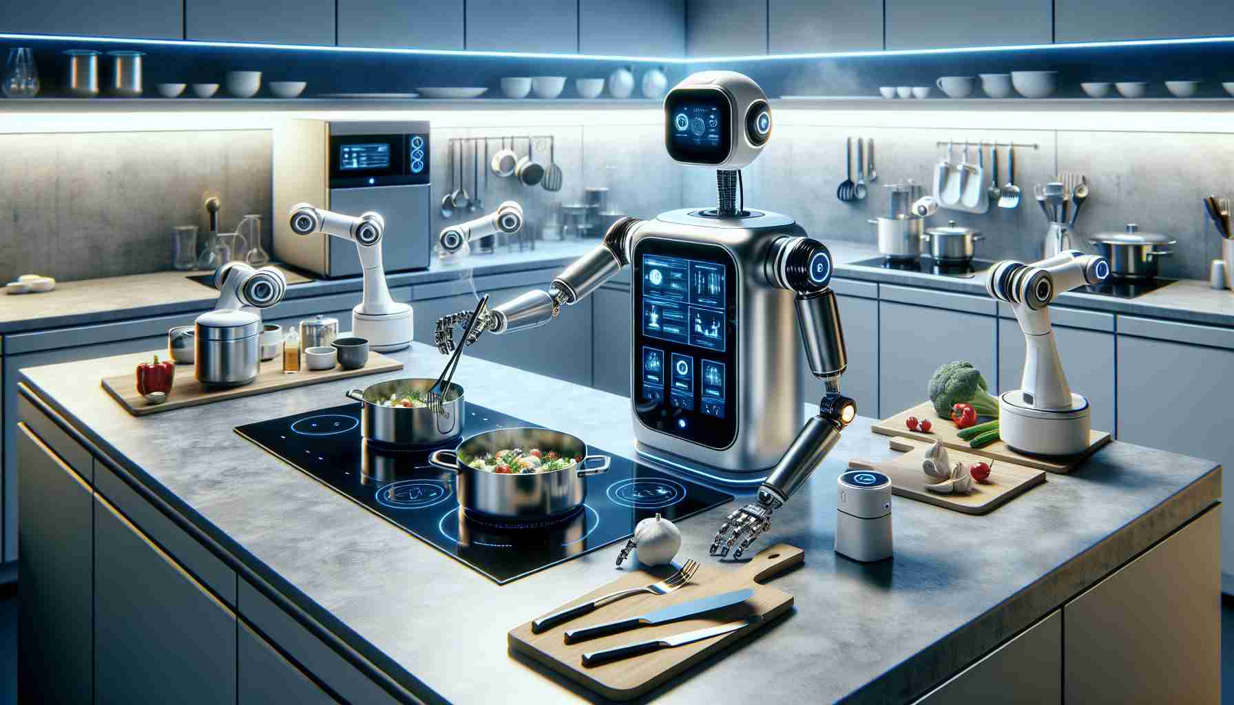 A hyper-realistic high definition image showcasing the concept of revolutionizing cooking with AI-powered kitchen assistants. Imagine a modern, sleek and high-tech kitchen setting with futuristic appliances. A robotic kitchen assistant with metallic finish, touch screen interface panels, and precise manipulator arms is actively engaged in cooking a gourmet meal. Different AI devices are scattered around, assisting in tasks like stirring, chopping, and measuring ingredients. Altogether, they represent a seamless blend of technology and culinary art, exemplifying what the future of cooking might look like.