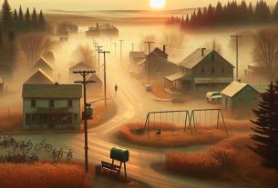 Realistic HD photo showcasing a remote town thrown into anxiety and bafflement over numerous unexplained disappearances. The image should capture the misty mystery covering the landscape. It could include features like a general store, an empty swing set moving slightly in the wind, and a silent street with abandoned bicycles. Residents should be portrayed with expressions of worry and curiosity. The majority of the residents should be visibly older, indicative of a generational rural settlement. Capture the sun setting, bleeding the sky with hues of orange, as if alluding to the strange occurrences in the town.