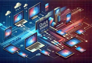 Generate a realistic high definition illustration of a file sharing process being improved with the usage of a Quick Share feature. It can be an overview where several electronic devices such as laptops, tablets and smartphones are interconnected, as files swiftly move from one to another, symbolizing the enhanced file sharing capabilities. Include visual indicators of quickness and smoothness, such as speed lines or progress bars quickly filling up. The color palette should be modern and clean, suggestive of a high-tech environment.