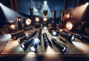 An image in high definition showing a selection of different types of flashlights laid out on a table, each with their individual features highlighted. The flashlights varieties include a compact, handheld torch with a narrow, focused beam; a headlamp providing hands-free illumination; a lantern style for area lighting, and a tactical flashlight with high lumens for outdoor adventures. The table on which they are displayed is rustic wooden, set against a night sky ablaze with stars. The flashlight beams are illuminating a map of a hiker's trail, suggesting their use for night-time adventures.