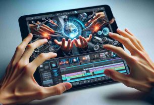 A high-definition, realistic portrayal of the future possibilities of mobile video editing on a compact tablet similar to an iPad Mini. The image captures a diverse array of hands demonstrating various functions such as cutting footage, applying special effects, color correction, and sound editing. The tablet screen shows an advanced, user-friendly interface that consists of multiple layers of video tracks, an assortment of high-tech editing tools and a preview playback window. The background setting conveys a fluid on-the-go lifestyle reflective of the modern digital nomad or mobile creator.