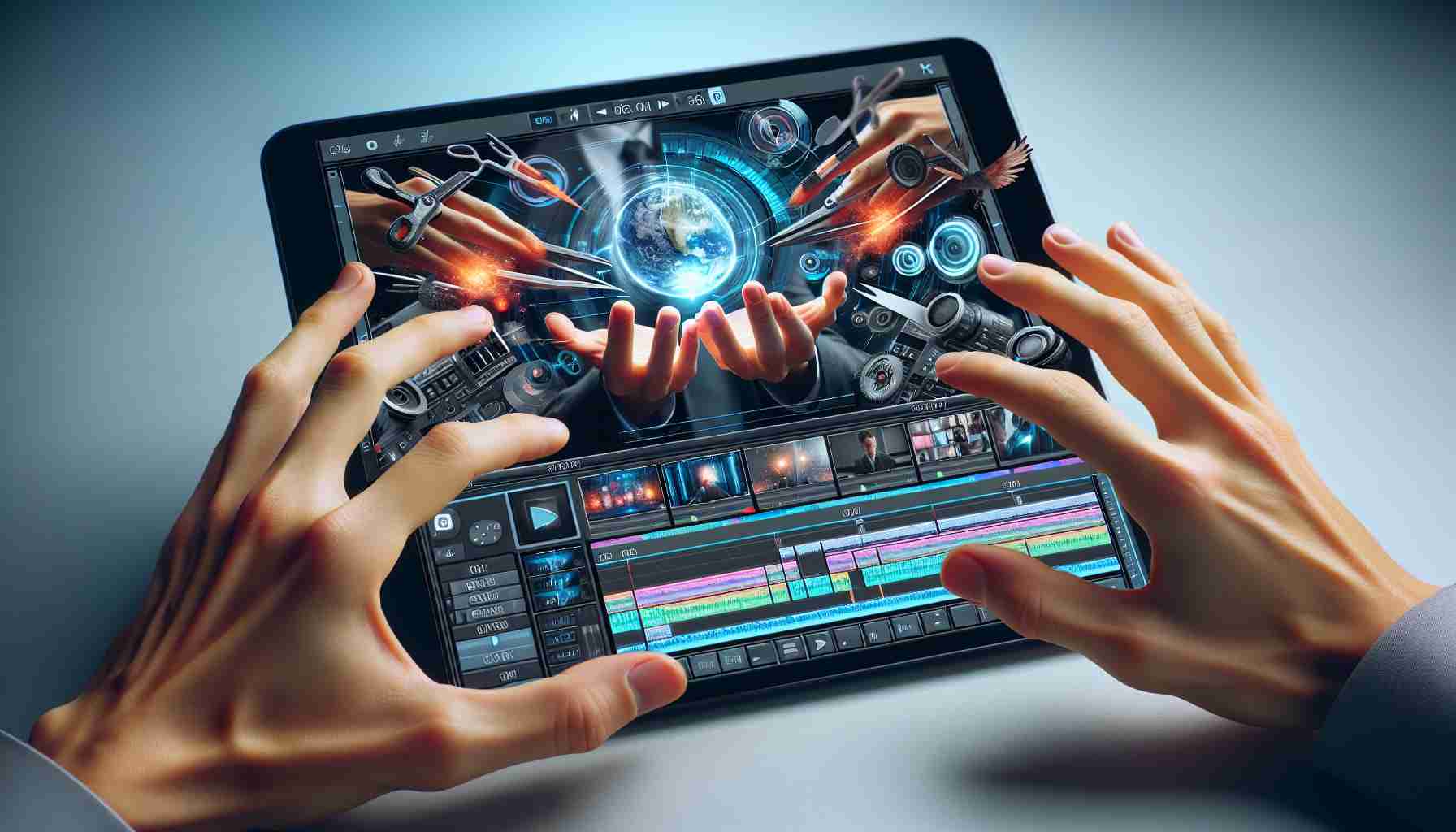 A high-definition, realistic portrayal of the future possibilities of mobile video editing on a compact tablet similar to an iPad Mini. The image captures a diverse array of hands demonstrating various functions such as cutting footage, applying special effects, color correction, and sound editing. The tablet screen shows an advanced, user-friendly interface that consists of multiple layers of video tracks, an assortment of high-tech editing tools and a preview playback window. The background setting conveys a fluid on-the-go lifestyle reflective of the modern digital nomad or mobile creator.