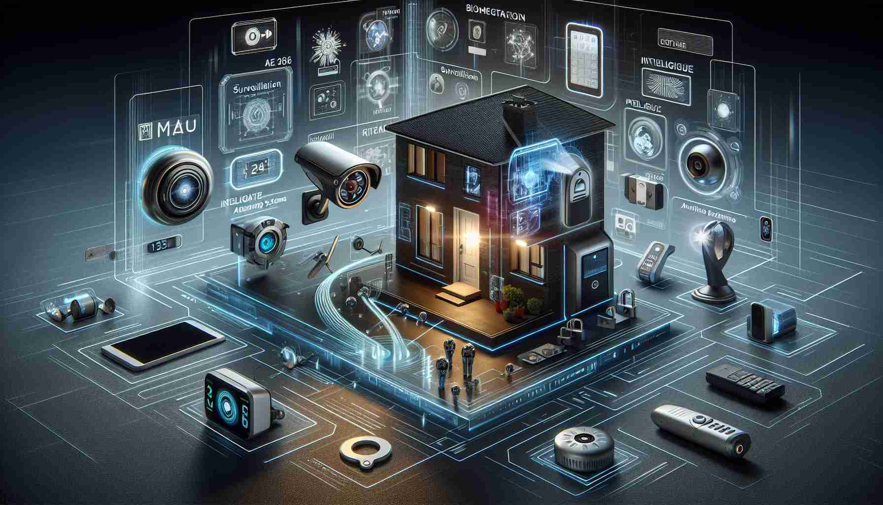 A realistic high-definition image depicting the revolutionary home protection innovations of the future year 2024. These innovations could include advanced surveillance systems, biometric security measures, intelligent alarm systems, or futuristic door locks. There might be a range of technologies displayed, each carefully identified by labels and descriptions to detail their use and advances.