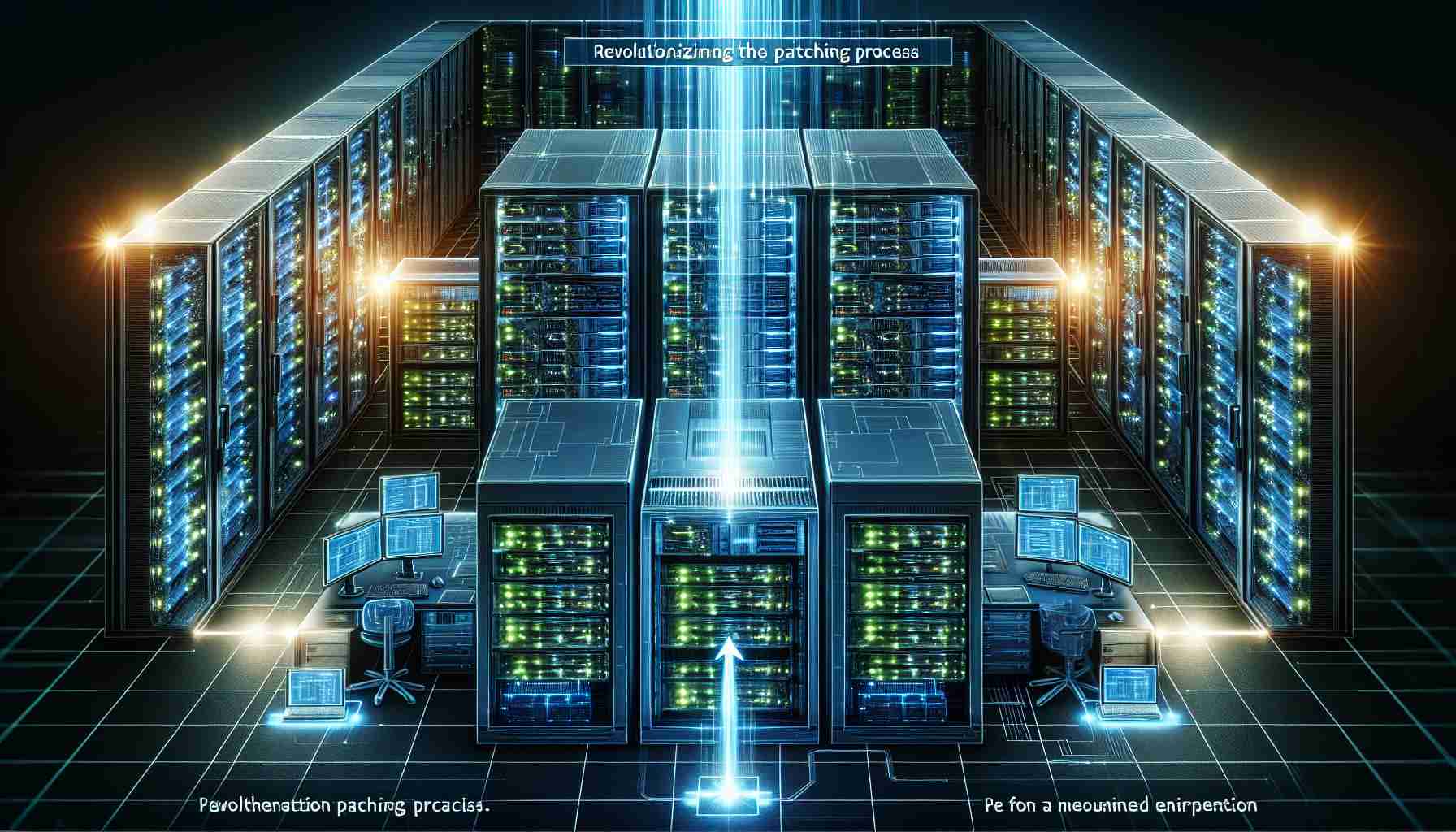 Detailed high-definition image that represents the concept of revolutionizing the patching process for enhanced system performance. Depict a set of various computer servers and workstations in a data center with glowing LEDs indicating active processes. Show a symbolic beam of energy traversing through these servers, representing the injection of an efficient, revolutionized patching process. Also, illustrate the servers pre and post-implementation of the novel patching process to show the performance enhancement.