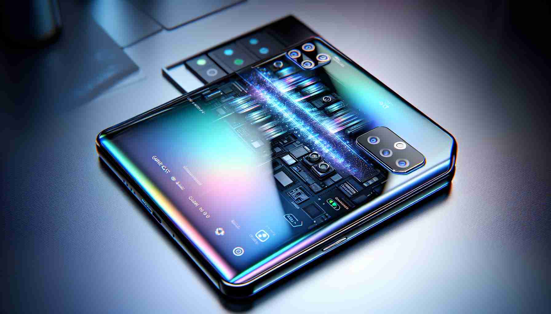 A high-definition, realistic portrayal of a conceptual smartphone labeled as 'Galaxy S26 Plus'. The image should showcase the sleek design with a glass back reflecting subtle rainbow hues, a bezel-less edge-to-edge display screen with razor-sharp resolution, an array of multiple camera lenses in a vertically set up at the back, possible biometric reader locations, and other futuristic features. The environment around the phone should give a sense of innovation and technological advancement.