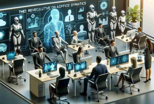 Create a high-definition, realistic image showcasing the revolution of office dynamics due to Artificial Intelligence. The scene should include AI-operated computers, automated desk systems, virtual reality meeting setup and robotic assistants in an office setting. The gender balance should be equal and the coworkers should represent diverse descents including Caucasian, Black, Hispanic, Middle-Eastern and South Asian professionals.