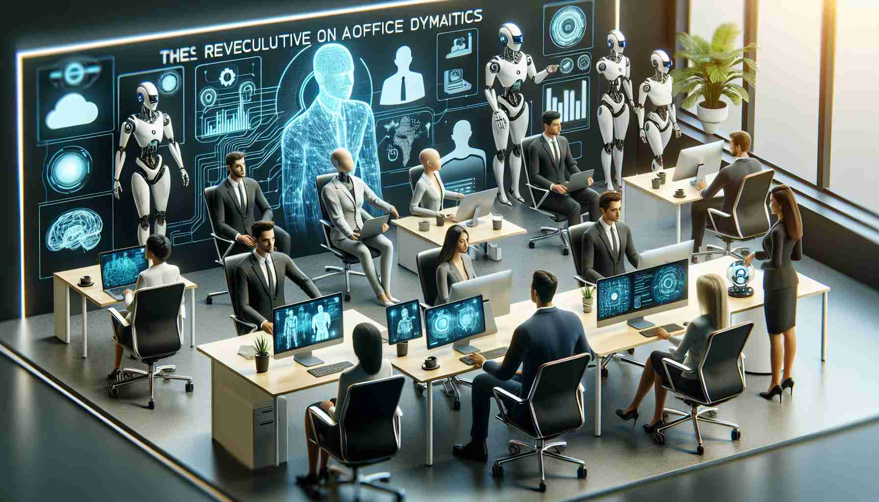 Create a high-definition, realistic image showcasing the revolution of office dynamics due to Artificial Intelligence. The scene should include AI-operated computers, automated desk systems, virtual reality meeting setup and robotic assistants in an office setting. The gender balance should be equal and the coworkers should represent diverse descents including Caucasian, Black, Hispanic, Middle-Eastern and South Asian professionals.