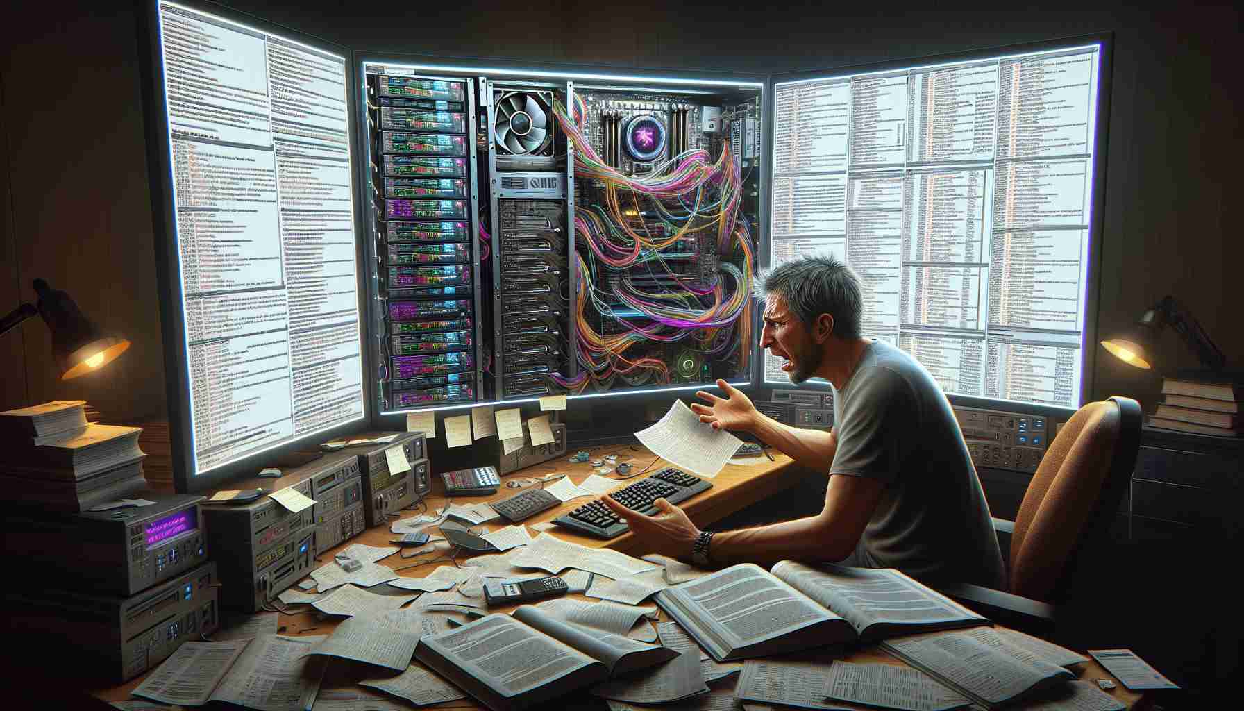 Detail-rich, high-resolution image portraying a scene of troubleshooting difficulties. In the scene, a frustrated user, Caucasian male in his 40s, is attempting to rectify problems on his powerful, high-end workstation, akin to a Mac Pro. The workstation has a large monitor displaying a confusing array of error messages, graphs, and codes. The user is seen referencing several open technical manuals spread around him and carrying out instructions on the workstation. His expressions, the cluttered workspace, and the illuminated screen should perfectly depict his frustrations and the complexities of technical hurdles.