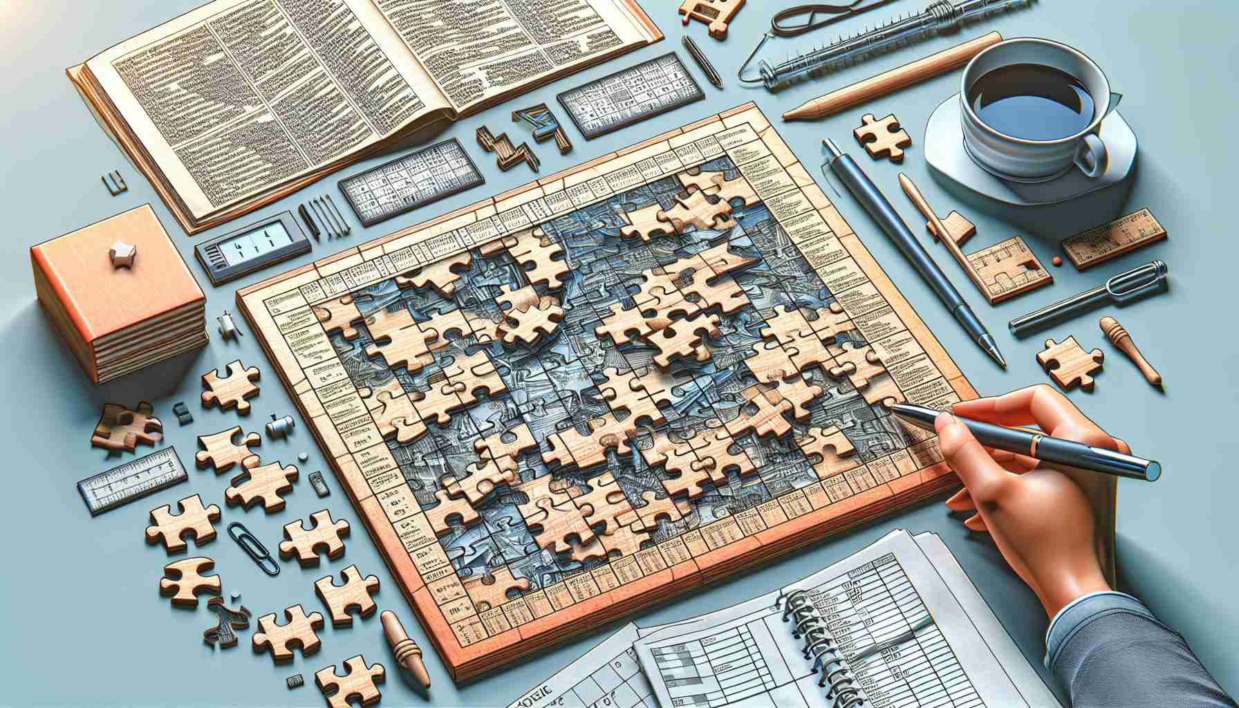 Generate an image of a daily puzzle challenge presented in a realistic and high-definition quality. The puzzle should be complex and engaging, truly testing one's wits. It could include elements such as jigsaw pieces, a quiz, a crossword, or a challenging mathematical problem.