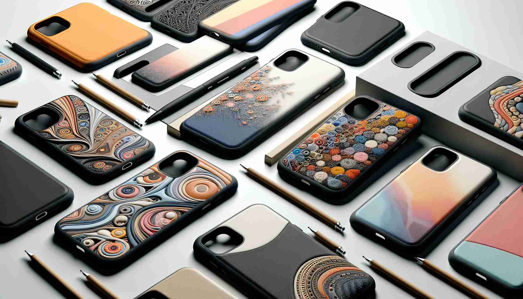 Create a high-definition image of affordable, stylish cases designed specifically for a general smartphone. Cases should vary in design, from minimalist to decorative, showcasing a blend of different materials such as plastic, silicone, and fabric. They could feature distinctive patterns or colors, accentuated by the unusual contours that match specific features of the device, such as its camera array and ports.