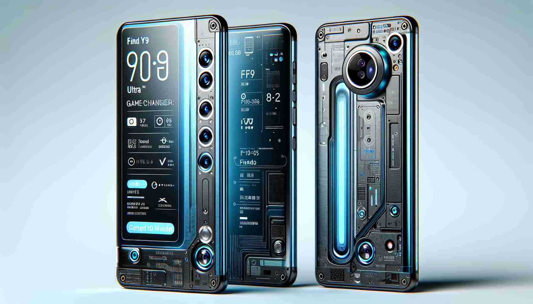 Generate a realistic, high-definition image of a futuristic smartphone labeled as 'Find Y9 Ultra'. The design should convey the idea that it is a game-changer in the world of smartphones. Include innovative features such as a slim profile, large edge-to-edge display, multiple high-quality cameras, and sleek metallic finish.