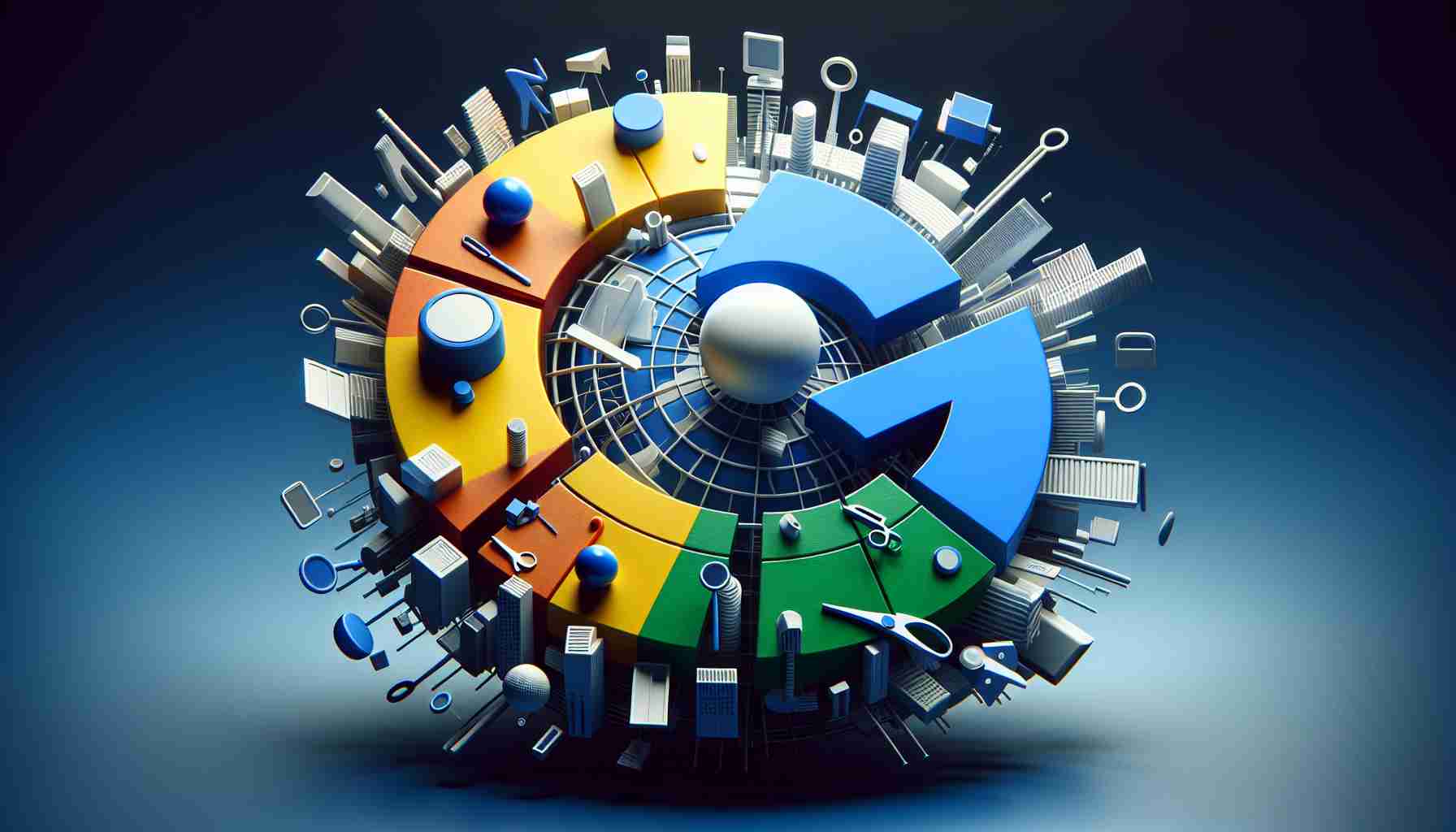 Realistic high-definition depiction of a large multinational technology company, symbolized as a globe, with various sections being meticulously detached, representing the disassembly of parts of its search business branch.