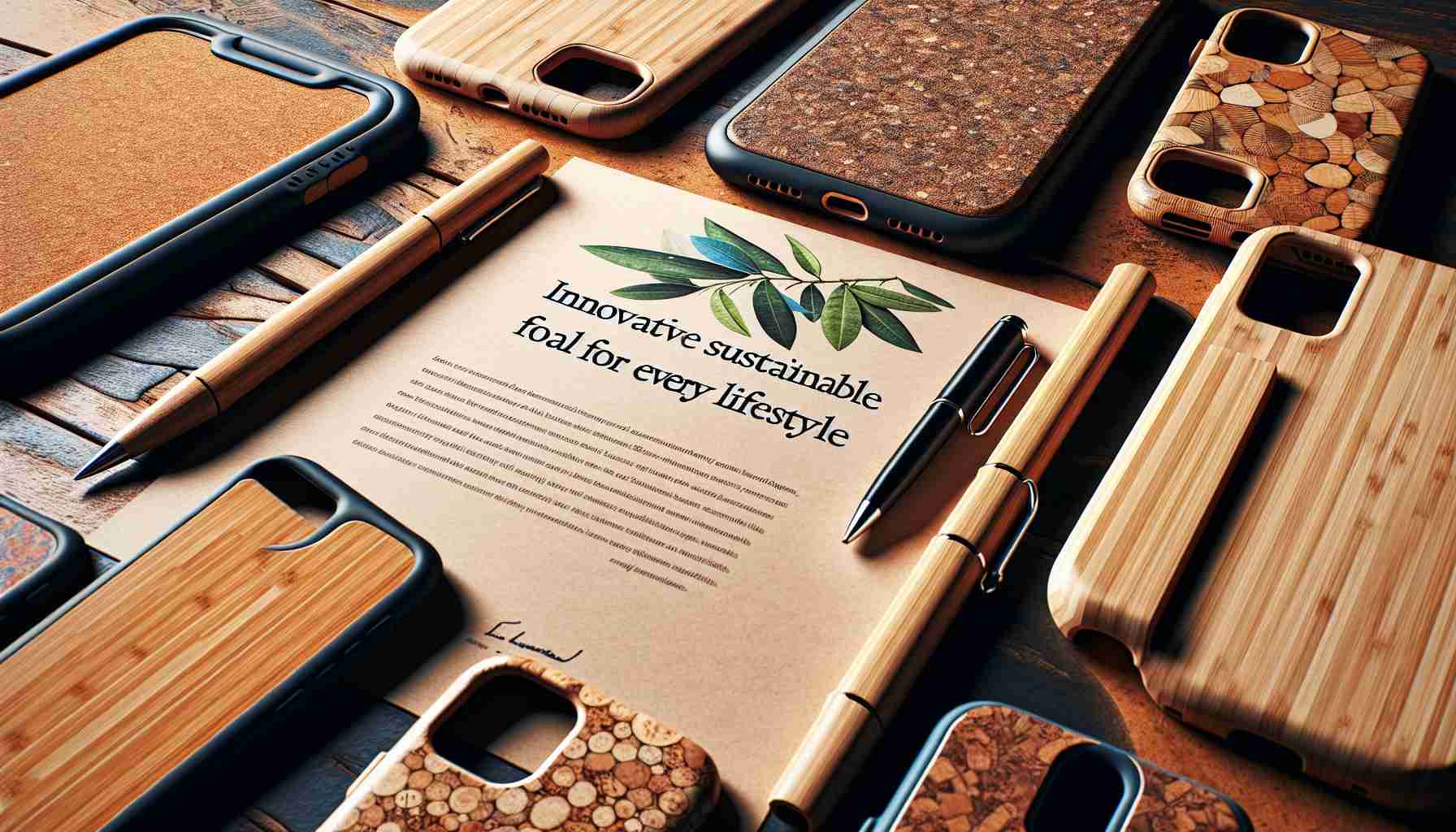 A detailed image showcasing a selection of innovative sustainable phone cases, ideal for every lifestyle. They should be stylish, eco-friendly, diverse in designs and colors, and suitable for different social settings. These could include a bamboo phone case for the environmentally conscious, a rugged cork case for outdoor enthusiasts, or a sleek recycled plastic case for minimalists. The image should have a realistic HD quality, excellently showcasing the intricate details and quality craftsmanship of each phone case.