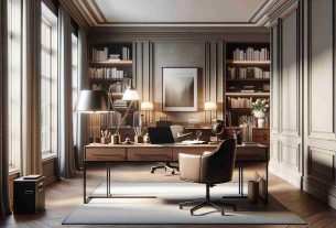 Imaginary but realistic high-definition photograph of a serene home office setup. The focal point is a sophisticated wooden desk, perfectly chosen for its balance of style and function. On the desk are some essentials: an elegant lamp, a high-speed laptop, and an array of stationary neatly arranged. The room has soft lighting, bookshelves filled with books in the background, muted-colored walls adorned with tasteful art and large windows that allow natural light to flood in, adding further sparkle to the ambiance.