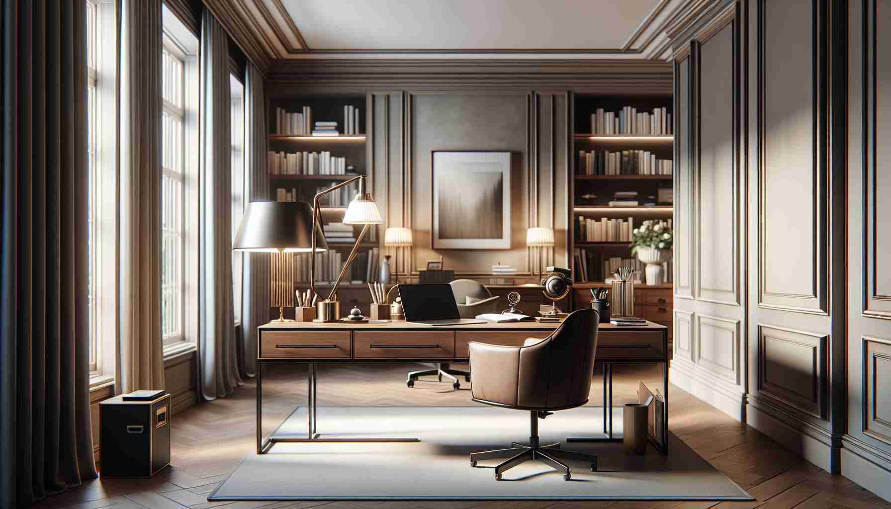 Imaginary but realistic high-definition photograph of a serene home office setup. The focal point is a sophisticated wooden desk, perfectly chosen for its balance of style and function. On the desk are some essentials: an elegant lamp, a high-speed laptop, and an array of stationary neatly arranged. The room has soft lighting, bookshelves filled with books in the background, muted-colored walls adorned with tasteful art and large windows that allow natural light to flood in, adding further sparkle to the ambiance.