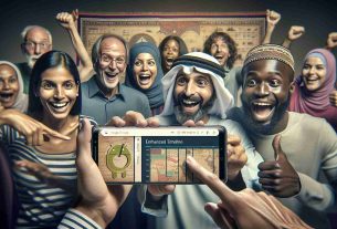 An image of Android smartphone users experiencing the enhanced timeline feature. Picture captures the excitement of diverse individuals as they use this updated feature. It includes Middle Eastern man and a Black woman smiling and pointing at their mobile screens, their expressions reflecting awe and fascination. The screen displays the improved interface of the timeline feature, highlighting elements such as the map and various informative panels. Note, the details of the Android-run smartphones are meticulously detailed, to capture the look and feel of a high-definition photograph.