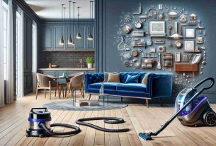 Create a realistic high-definition image about 'Mastering the Art of Efficient Vacuuming for a Pristine Home'. Show a spotlessly clean living room with polished wooden floors, a royal blue velvet sofa set, a coffee table with a stack of books, and a modern vacuum cleaner in action. Display a glimpse of a well-maintained kitchen in the background. Illustrate symbols or practices conveying the essence of efficient vacuuming techniques, such as vacuuming in a specific pattern, emptying the vacuum bag before it gets full, regular cleaning of the vacuum filter, etc.