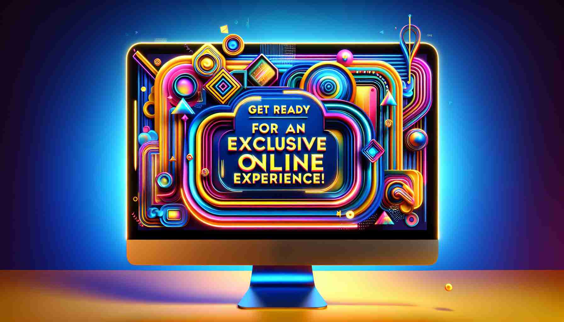 Generate a hyper-realistic high-definition image of a computer screen with a vibrant and energetic interface displaying the message, 'Get Ready for an Exclusive Online Experience!' against a vivid, creativity inspiring background. The screen setup should be modern and aesthetically pleasing, indicating an upcoming online event or digital experience that promises to be exclusive and top-tier.