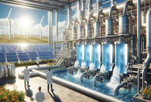 A high-resolution realistic image showcasing the future of water desalination technology for sustainability. The scene should include intricate machinery with pipes and water tanks, demonstrating how seawater enters and exits as fresh drinkable water. The machinery is powered by renewable energy sources like solar panels or wind turbines in the backdrop, representing the sustainable aspect. Additionally, there should be scientists of various descents and genders observing and controlling the process. The overall mood should be optimistic, symbolizing hope for the future.